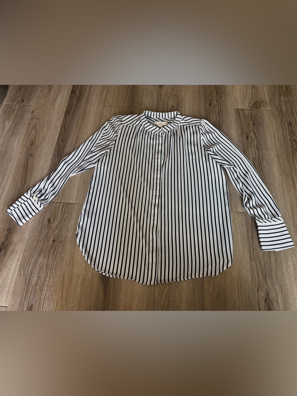 LOFT Black and White Vertical Stripe Button-Down Blouse